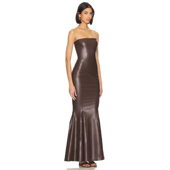 NWT Norma Kamali Strapless Faux Leather Fishtail Gown Chocolate Brown Size L - Picture 10 of 16